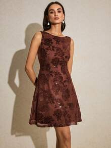 Poéselle 女士印花露背垂褶领无袖时尚迷你连衣裙 - 棕色 - 查看 6