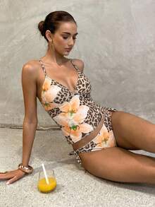 Swim Glamine 两件套甜美花卉印花黄色格子比基尼套装，休闲春夏海滩派对度假，2026新款女士泳装到货，适合上学、度假、约会、下午茶、西式、邮轮、海滩、海岛、公路旅行、四季皆宜、音乐节、波西米亚风度假、轻松春夏、西式波西米亚风、优雅女士泳衣，活泼假日彩色印花泳衣。女士两件套泳衣，豹纹印花泳衣，Y2K风格泳衣，动物纹泳装。 - 橘色 - 查看 6