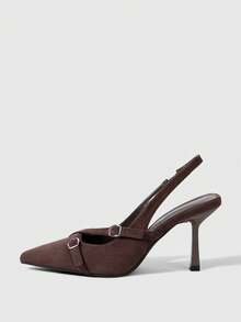 Sleekvia 女士尖头搭扣性感细高跟露跟派对通勤女式高跟鞋低鞋面春季鞋法兰绒 - 深棕絨布 - 查看 4