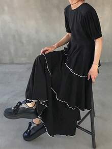 FRIFUL Women's Round Neck Petal Sleeve Layered Cake Hem Decorated A-Line Long Dress Sundress - Black - View 6