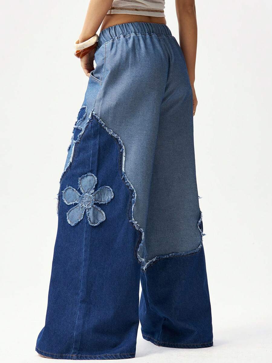 Bohemela 女士休闲梭织拼接宽松阔腿裤 - 藍色 - 查看 1