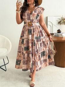Ceyna Plus Size French Style Vacation Bohemian Floral Print Dress, Spring/Summer Women's Dress Women Clothes Dress Women Summer Outfits Women Vacation Outfit Women Summer Dresses Women's Summer Dresses Latest Dress Style For Women Resort Wear Women Vacation Dress Bohemian Outfit For Women Dress Boho - Mocha Brown - View 4