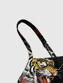 ROMWE Avant Music Festival New Chinese Style Dark Punk Tiger Head Geisha Slogan Chrysanthemum Plant Calligraphy Rose Sexy Camisole And Low Waist Flared Pants 2 Pieces Set For Women - Black - View 3