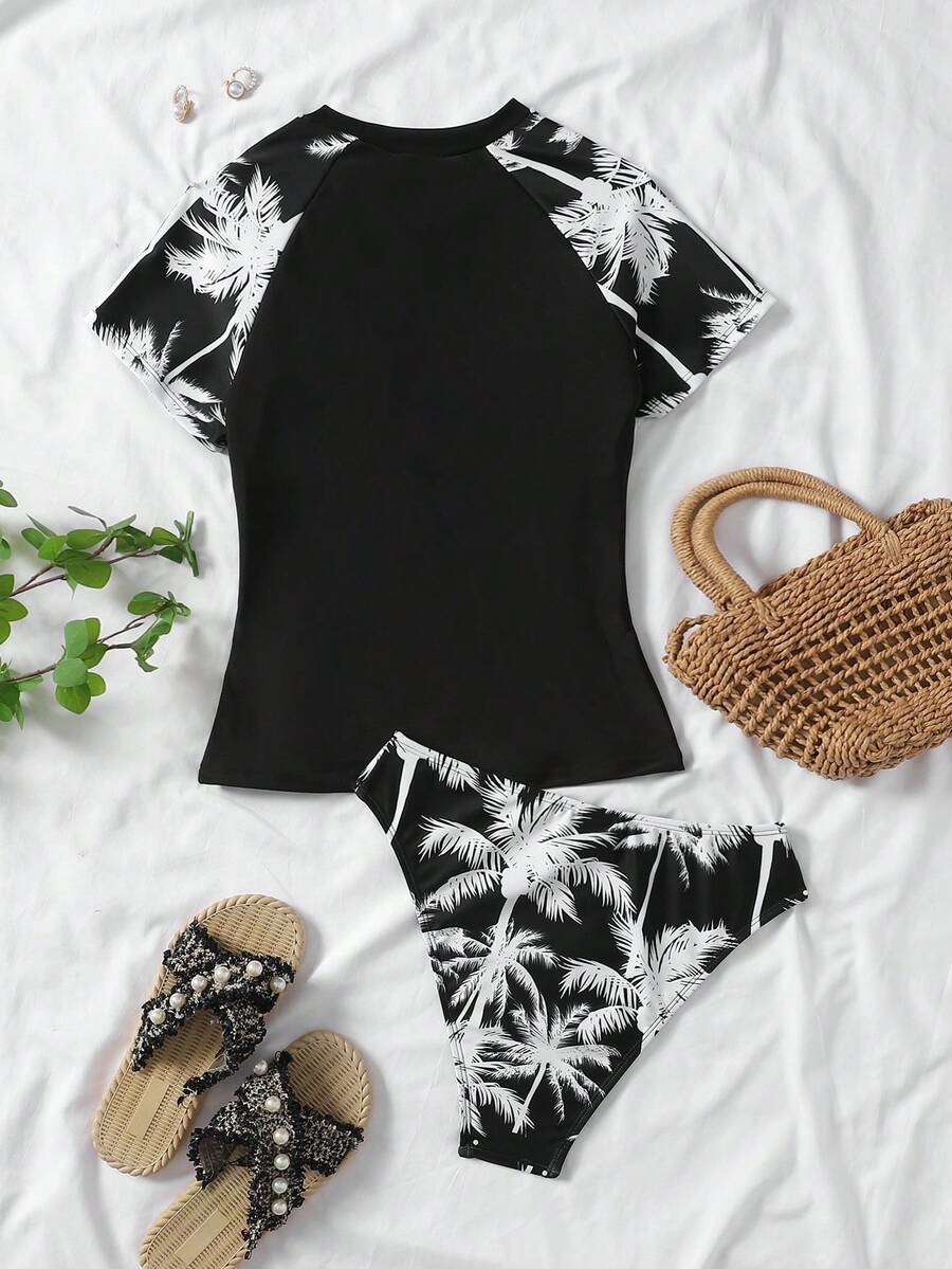 SHEIN Teen Girls Black & Colorblock Palm Tree Print Modest Bikini Set, Short Sleeve Top And Bottoms, Swimwear For Vacation, Beach, Swimming,Kids - Black and White - View 1