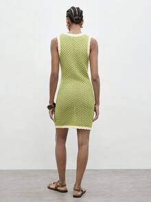 Maija Women's Contrast Color Round Neck Sleeveless Hollow Knitted Dress,Green Casual Body Fitting Summer Holiday Vacation Outfits With Dual Pocket,Autumn - Green - View 5