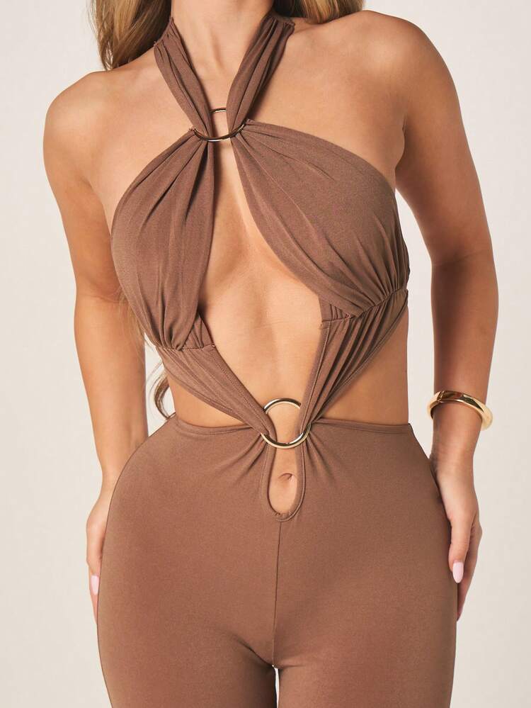 MISSGUIDED Women's Cross Front Plunge Halter Jumpsuit With Cut Out Waist Detail And Flared Leg Design For Evening Party Occasion