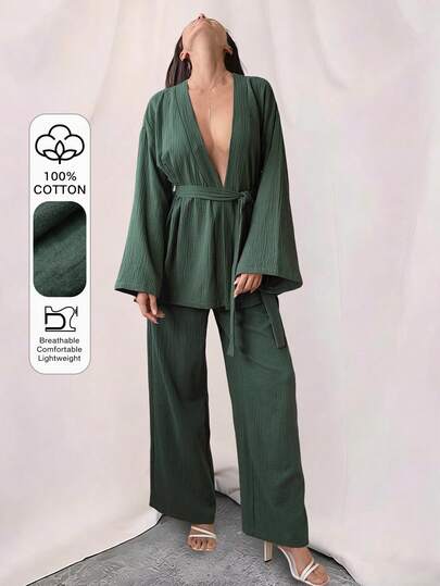 DAZY Conjunto de pijama de mujer de unicolor, textura relajada y minimalista de tela de crepé