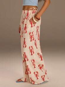 Athîral Women's Elastic Waist Lobster Print Wide Leg Loose Pants - Multicolor - View 3