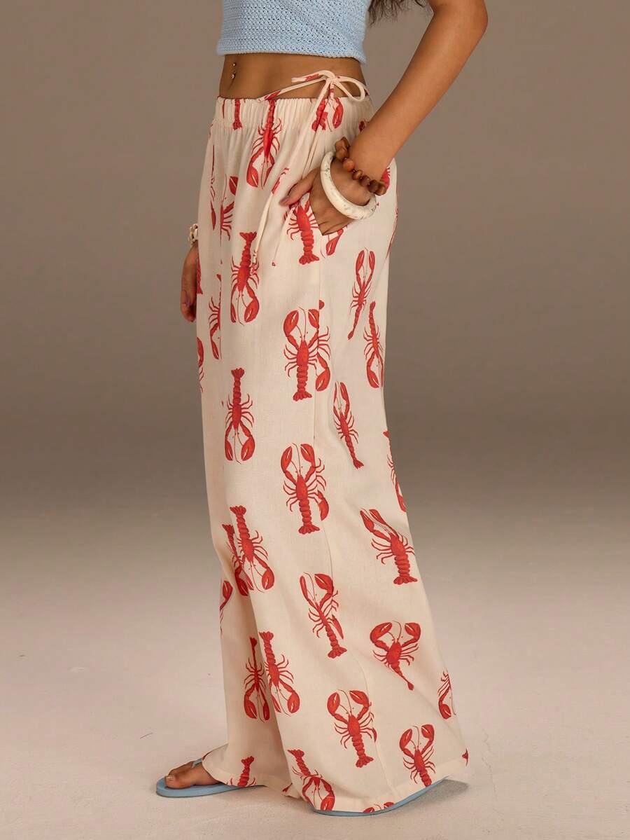 Athîral Pantalones anchos de pierna ancha con estampado de langosta y cintura elástica para mujer - Multicolor - Ver 1