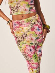 MISSGUIDED Women's Floral Leopard Print Maxi Skirt With Sequin Flower Applique Details Bohemian High Waist Long Flowing Summer Bodycon Skirt - Multicolor - View 4