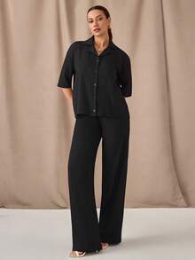 SHEIN Solid Drop Shoulder Button Front Shirt & Wide Leg Pants Set – Effortless Chic Co-Ords - Black - View 5