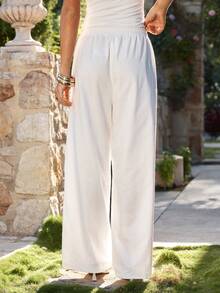 KARISMINA 女士优雅浪漫休闲棉质长裤，春夏款 - 白色 - 查看 4