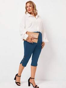 EMERY ROSE Plus Size Women's Spring/Summer Black Ripe Elegant Button Embellished Slim Fit Mom Pants - Blue Day - View 5