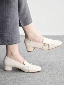 CUCCOO BIZCHIC Women's Fashion Chunky Heel Loafers, Metal Buckle Square Toe Shoes - Beige - View 5