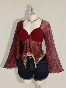 SHEIN ICON 女士波西米亚风假日佩斯利印花T恤，不对称下摆，喇叭袖，复古Y2K风格，秋季款 - 彩色 - 查看 4