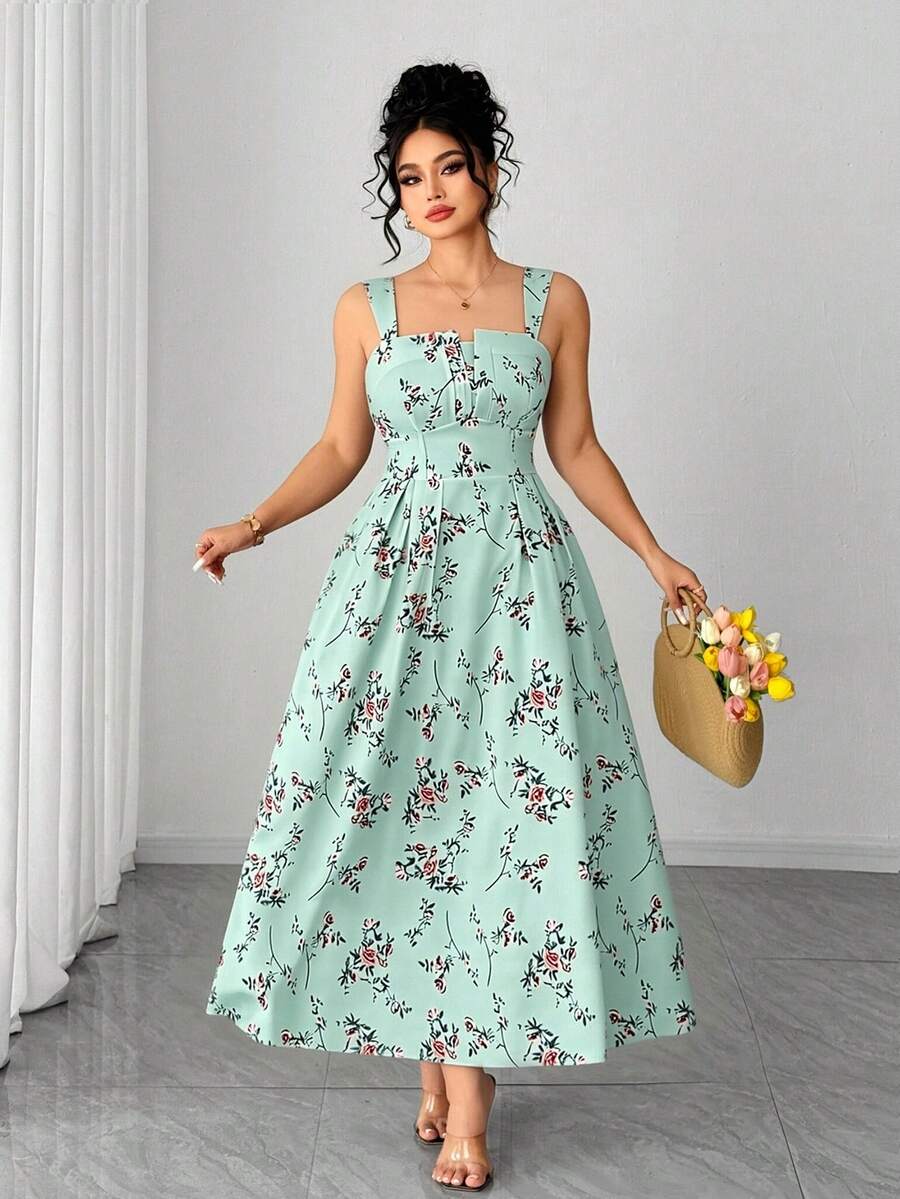 Elenzga 大码女士优雅印花吊带夏季连衣裙，情人节 - 綠色 - 查看 1
