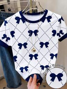 Resyla Casual Bow Print Short Sleeve T-Shirt, Summer - Multicolor - View 1