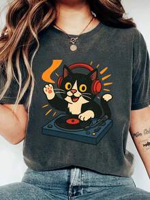 EMERY ROSE 女士圆领短袖T恤，印有音乐猫图案 - 深灰色 - 查看 1