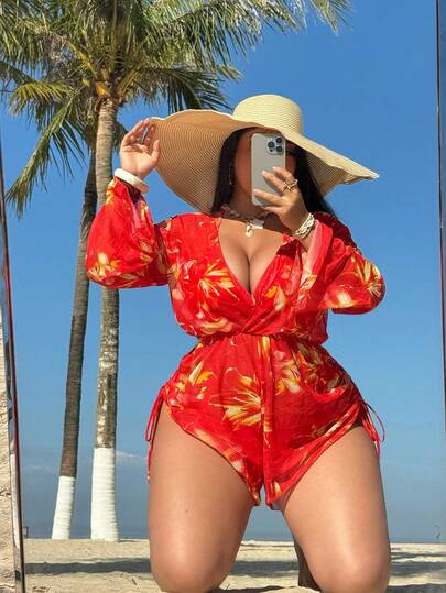 Slaydiva Plus Size Women 3-Piece Floral Print Halter Bikini Set With Long Sleeve Pants And Sheer Coverup, Fashionable Vacation Beach Swimwear