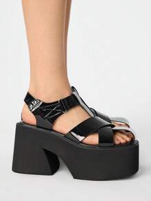 ROMWE Goth Women's Black Criss-Cross Hook And Loop Wedge Platform Sandals - Black - View 4