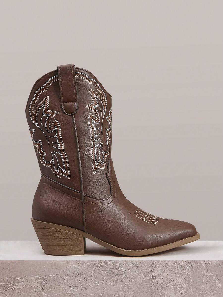 Styleloop Women Pink Western Boots, Pointed Toe V-Cut Thick Heel Embroidered Leather Boots, Low Heel Clogs, Pull-On Riding Boots And Ankle Boots Spring Shoes - Dark brown solid color - View 1