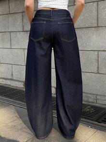 MainGRL 女士休闲日常口袋纽扣牛仔裤 - 藏蓝色 - 查看 2