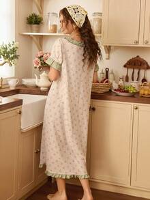 Women's Romantic Floral Print Plaid Frill Trim Square Neck Loose Nightgown - Green - View 2