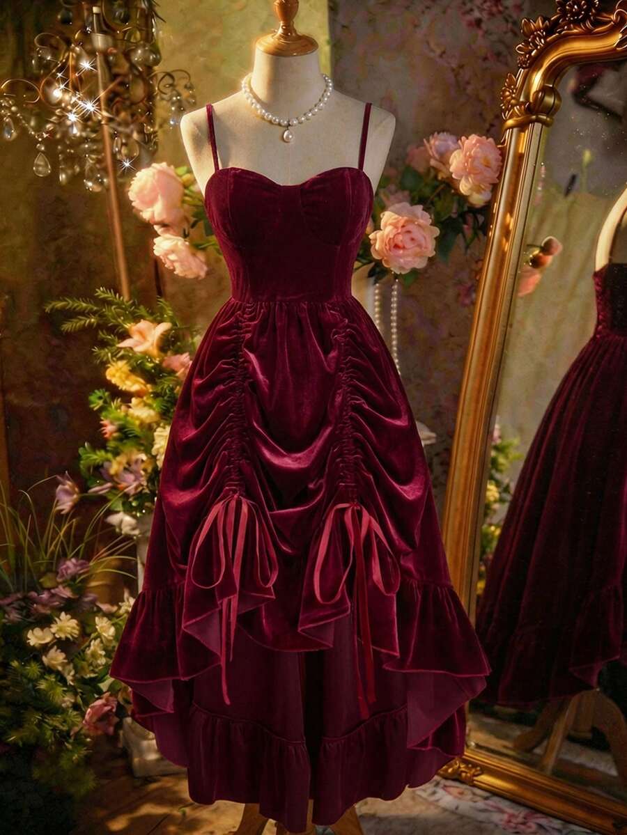 SHEIN MOD Vestido largo de terciopelo burdeos para mujeres de talla grande, vestido de invitada de boda de otoño, vestido de fiesta de graduación, atuendo de mujer para brunch, vestido de estilo renacentista, vestido de estilo Bridgerton, vestido de Año Nuevo, vestido de San Valentín - Burdeos - Ver 1
