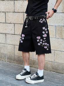 Manfinity EMRG Men's Floral Embroidery Pattern Casual Versatile Daily Wear Wide Leg Denim Shorts - Black - View 1