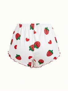 SHEIN Women's Strawberry Print Jacquard Ruffle Trim Camisole & Shorts Pajama Set - White - View 4