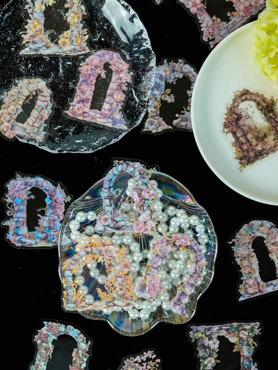 30pcs/Set Flower Manor Door Frame Stickers, Retro Floral Pattern, DIY Journaling Material, Laser Hot Stamping - multicolor - View 1