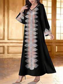 SHEIN Najma Đầm dài tay cổ chữ V in họa tiết ren ombre cổ điển, kiểu dáng thanh lịch Ả Rập, thích hợp cho mùa xuân/hè. - Nhiều màu - Xem 4