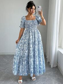 SHEIN PETITE CURVE 大码印花荷叶边下摆方领短袖连衣裙，适合娇小身材的女装，包括夏季连衣裙、小码服装和曲线款。 - 藍色 - 查看 4