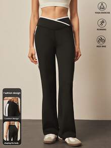 With My Calm Casual Sports Yoga Black & White Patchwork Criss-Cross Waist Pants - Black and White - View 6