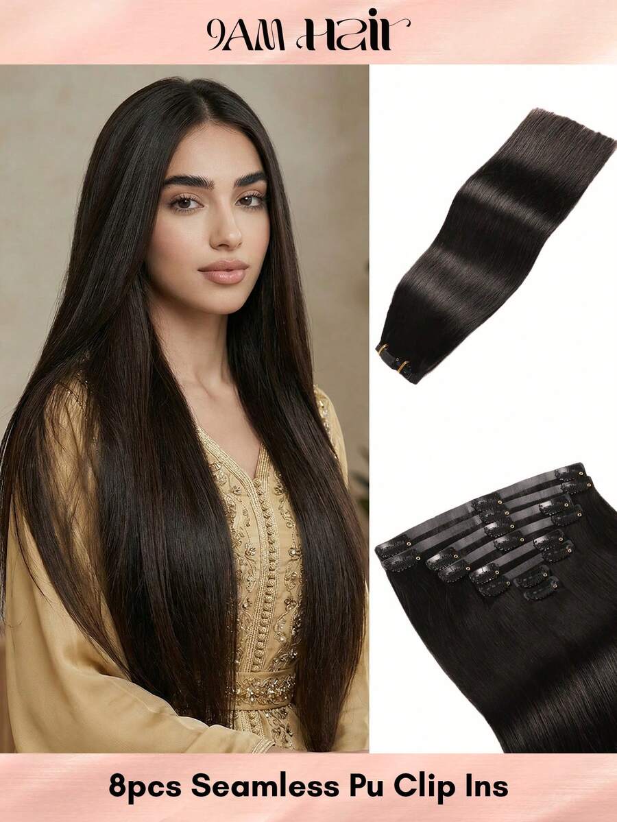 Seamless Clip Ins 18 Inch 8 Pcs 120g Seamless Clip In Hair Extensions Black Clip In Extensions Pu Weft Real Human Hair Clip Ins Silky Straight For Thinning Hair - SNatural - View 1