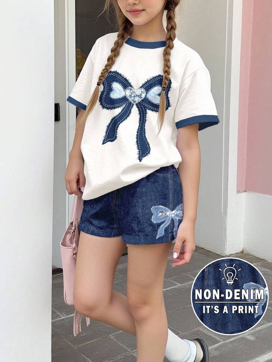 牛仔蓝，复古拼接蝴蝶结设计，少女休闲宽松圆领短袖T恤短裤两件套，适合春夏日常、居家、度假、校园、假日穿着，少女套装，青少年春夏服装，时尚新潮，春夏潮流，度假风，休闲舒适。 - 彩色 - 查看 1