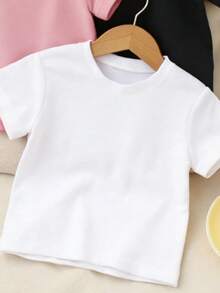 SHEIN Playful Pals 3件套女婴舒适休闲百搭白色、粉色、黑色可爱短袖上衣，春夏款，女童服装，幼儿上衣，适合拍照、日常穿着、返校、外出、居家、度假、送礼 - 彩色 - 查看 4