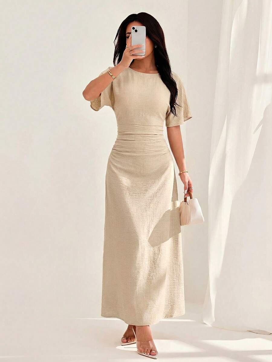 SHEIN PETITE Đầm nữ mùa hè màu trơn, chất liệu pha lanh, kiểu dáng thanh lịch thường ngày.