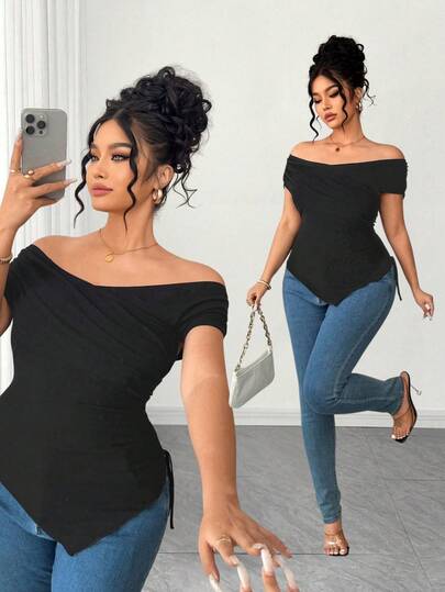 Elenzga Plus Size Women Casual Commuter Fitted Off-Shoulder Short Sleeve T-Shirt, Summer Curvy Tops Plus Size Black Tops Asymmetrical Off Shoulder Top Plus Size Woman Plus Size Off Shoulder Top Black Off Shoulder Top