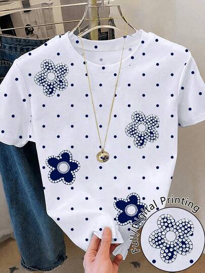 Resyla Women's Casual Polka Dot & Floral Print Round Neck Short Sleeve T-Shirt, Summer