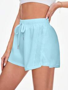 Sovereign Charm Quần short nữ màu trơn, cạp chun, kiểu dáng thường ngày, đa năng, thích hợp mặc đi chơi và chơi thể thao. - Màu xanh nhạt - Xem 4