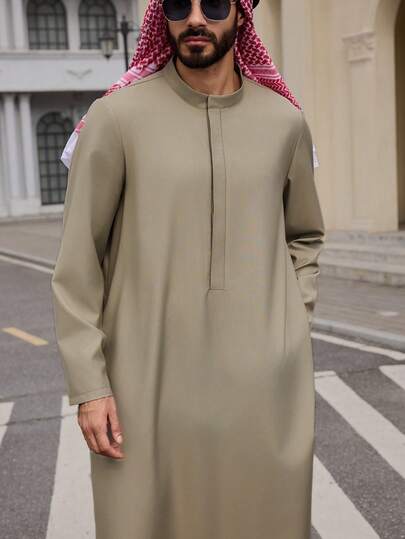 DAZY Men's Long Gray Half-Placket Middle Eastern Style Robe Shirt, Spring Summer