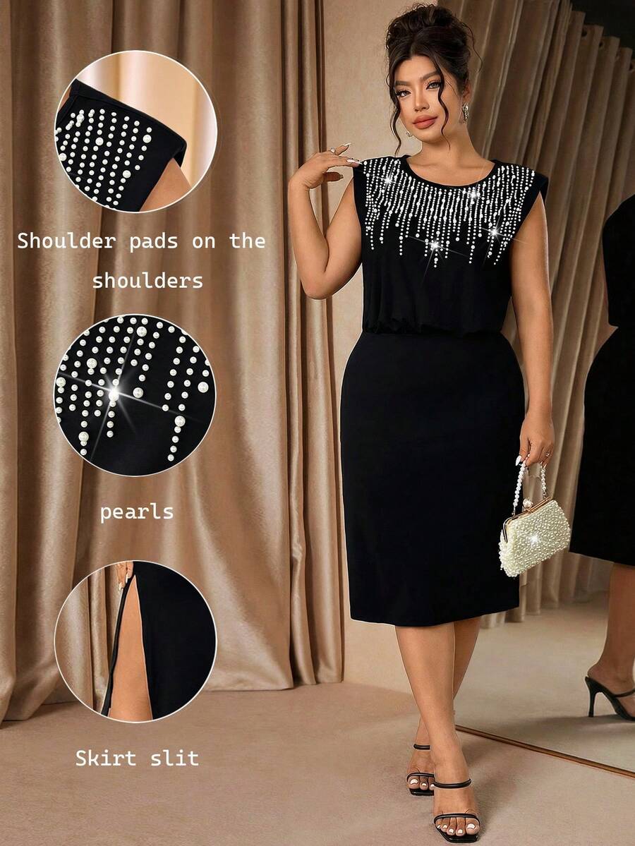 Cravure Robe en tricot grande taille avec broderie perlée dorée, élégante pour cocktail, thé de l'après-midi, déplacement, robe fourreau sophistiquée et gracieuse avec broderie perlée 3D sans manches, robe mi-longue noire grande taille - Noir - Voir 1