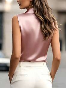 SHEIN Raffinéa Camisa casual de mujer de estilo elegante y romántico, de seda satinada, de unicolor, con cuello suelto, adecuada para salidas diarias, citas, reuniones y fiestas elegantes. Blusa de satén para mujer, blusa de cuello de cisne, blusas elegantes de seda, blusas de satén para mujer, blusa rosa para mujer, blusas elegantes de seda para mujer, blusa de satén sin mangas para mujer, blusa elegante para mujer, blusa de trabajo para mujer, blusa para mujer, blusas y tops elegantes y clásicos para mujer, tops de seda para mujer, blusa para mujer, blusas elegantes y clásicas de oficina para mujer, blusa formal para mujer - Rosado Sandía - Ver 2