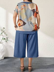 Breezaya Bộ đồ nữ cỡ lớn in họa tiết hình học, cổ tròn, tay ngắn và quần lửng 7/8, thích hợp cho mùa xuân/hè. - Nhiều màu - Xem 2