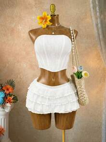 SaltGleam 女士优雅甜美蕾丝拼接荷叶边低腰短裤 - 白色 - 查看 3