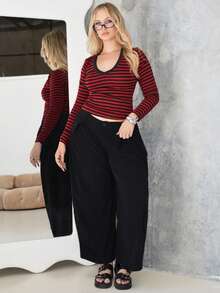 Arliah 女式秋季四季垃圾摇滚日常外出装灰色和黑色条纹针织V领长袖T恤 - 紅色 - 查看 6