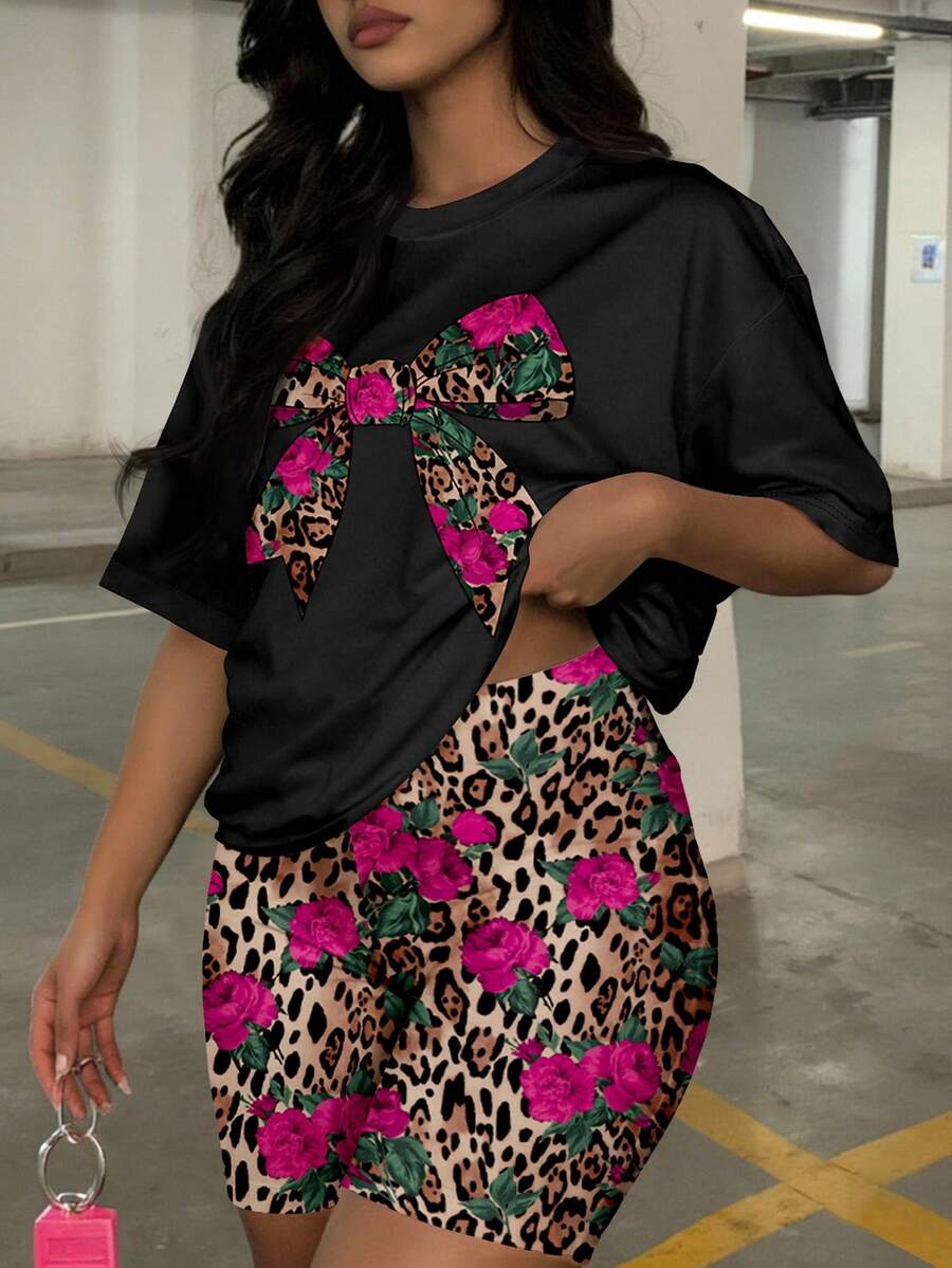 Slaydiva Casual Loose Rose Leopard Print Bow Graphic Round Neck Short Sleeve T-Shirt And Shorts Set, Suitable For Summer Music Festivals, Plus Size - Multicolor - View 1