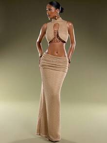 女士串珠镂空设计露脐背心和鱼尾中长裙性感两件套 - 杏色 - 查看 6