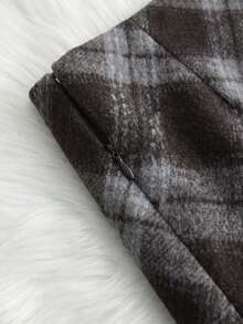 Franclia 女士格子羊毛A字裙，高腰显瘦复古厚格纹裙，秋冬新款 - 棕色 - 查看 4